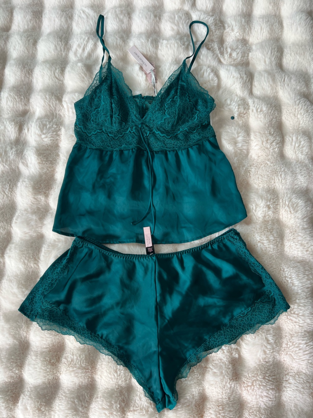 Victoria's Secret Teal Lace Trim Satin Camisole & Shorts Set